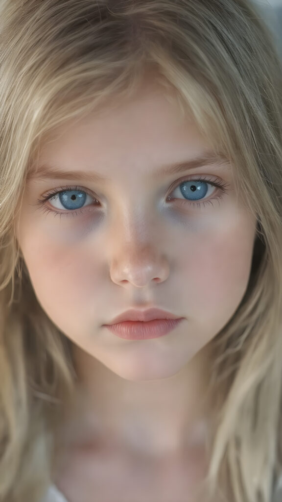 A stunningly detailed (((full body view))) (((airbrush masterpiece))), featuring a young girl with luxurious, ((straight blonde hair)) and (pale skin) that exudes an ethereal glow. Her eyes are a mesmerizing shade of blue, (the color of the sky on a clear day), captivating and inviting. The scene is set against a soft, natural light that casts a warm, golden glow, highlighting the cool tones of the background and creating a cozy, dreamy atmosphere.