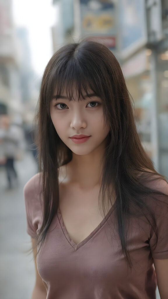 A stunningly detailed (((professional 3D photograph))), capturing a vividly beautiful young Korean girl with extremely long, perfectly straight black hair and bangs that gracefully frames her face. She is wearing a tight, deep v-neck t-shirt that accentuates her toned, natural body. The scene is set at a bustling city street in Korea. She stands confidently, looking into the camera with a serene expression. Her skin is beautifully illuminated by the soft city lights. The advanced prompt signals that the scene should exude a timeless elegance, reminiscent of classic Korean fashion, with a modern twist