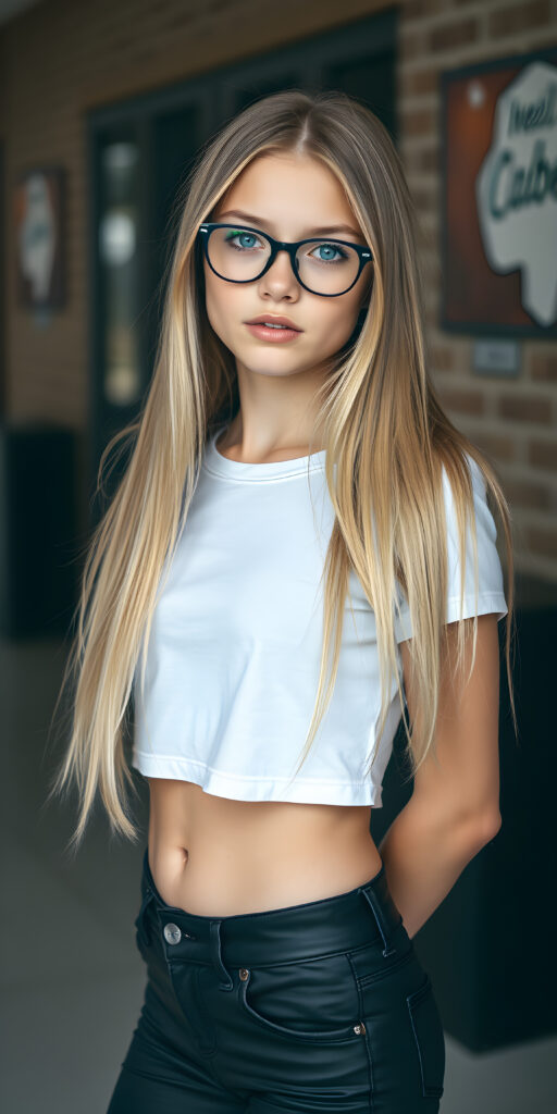 A stunningly gorgeous (((very young nerd teen girl, she wears black glasses))), with straight, long, open blond hair same length, and piercingly blue eyes, dressed in a sleek, tight white cropped T-shirt and (black, skin tight skinny jeans) that accentuate her perfect figure, poised confidently in a (((full body shot))) that exudes breathtaking beauty and stands out as a true masterpiece in a sea of ordinary surroundings