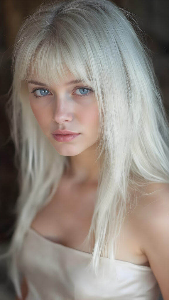 A (((super cute girl))), with (((long, straight white hair))) and (((a smooth, round face))) that exudes an air of (seduction), dressed in a (short, tight, thin silk dress) that perfectly complements her figure, accentuating her slender, yet (full figure) that gives off an unmistakable glow of (stunning beauty). Her eyes are ((blue and piercingly vivid)) with a (distinctive light blue hue) that draws you in. She possesses an ethereal beauty that defies description, with her (extremely long, wavy locks) cascading down her back like a waterfall of silk, contrasting against her (petite, almost translucent waist) that sits at about the same height as her hips. The image is captured at the moment her gaze is the most captivating, with the camera's focus fixed on her face, full body view. The scene is (softly backlit) with a (warm, soft focus) that draws the viewer in, emphasizing her (natural, perfect beauty).