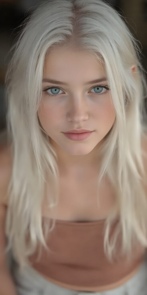 A (((super realistic and high quality portrait))), captured at an 8K resolution, of a (((beautiful young teen girl))) with ((long, soft platinum white hair)) and ((full, defined lips)), dressed in a ((thin, cropped top)) and ((short, cropped pants)), that really flatters her slender, yet perfectly proportioned figure. The camera captures her looking sweetly into the lens, with ((natural skin)) on her face and ((bright, cheerful eyes)) that really stand out against her ((softly backlit)) hair and ((detailed, matching earrings)) and ((perfectly symmetrical lips)) for a really flawless look
