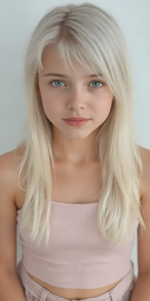 A (((super realistic and high quality portrait))), captured at an 8K resolution, of a (((beautiful young teen girl))) with ((long, soft platinum white hair)) and ((full, defined lips)), dressed in a ((thin, cropped top)) and ((short, cropped pants)), that really flatters her slender, yet perfectly proportioned figure. The camera captures her looking sweetly into the lens, with ((natural skin)) on her face and ((bright, cheerful eyes)) that really stand out against her ((softly backlit)) hair and ((detailed, matching earrings)) and ((perfectly symmetrical lips)) for a really flawless look