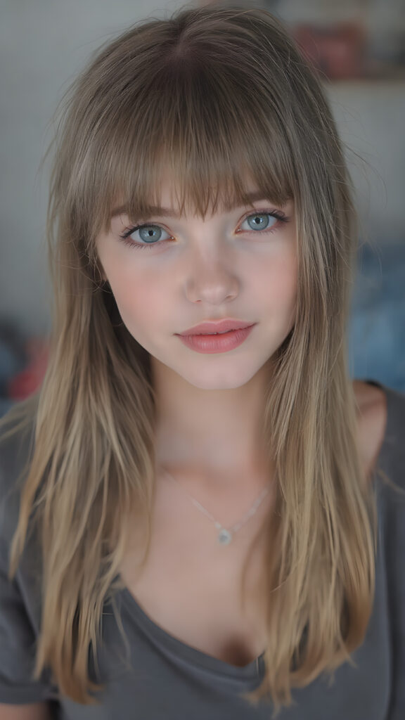 A (((super realistic detailed photograph))), capturing a (((beautiful young teen girl))) with (((extremely long, straight light brown hair))), and (((light brown eyes))) with (((brightly shiny and distinctly pointed bangs))), wearing a (((deep neckline loose thin strap cotton t-shirt))), that's (((open at the top, revealing an incredibly beautiful full plump thick and perfectly shaped lips))), accessorized with (((brightly colored fashion accessories))) that match her (((extremely detailed and perfectly rendered features))). She looks (((extremely happy and extremely beautiful))), full body view, focus on her face and upper body, in a bedroom with a (((super realistic, high resolution and high detail))) backdrop, (((backlit with a front fill light))), which brings out her (((extreme detail and color vibrancy))).