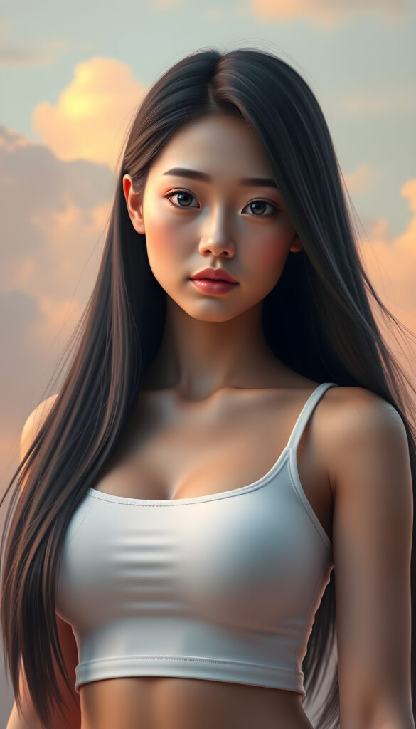 A super-realistic digital portrait of an adorable and stunning busty Asian girl with long, flowing, straight black hair cascading over her shoulders. Her eyes are wide and expressive, filled with a melancholic gaze that meets the camera. She is wearing a white short, tight tank top that accentuates her curves, highlighting her figure. The lighting is soft and warm, casting gentle shadows that add depth to her facial features and hair. The background is a dreamy, pastel-colored sky with soft clouds, creating a serene and introspective atmosphere. The overall style is hyper-detailed and vibrant, with a focus on capturing her emotional expression and the delicate play of light on her hair and clothing.