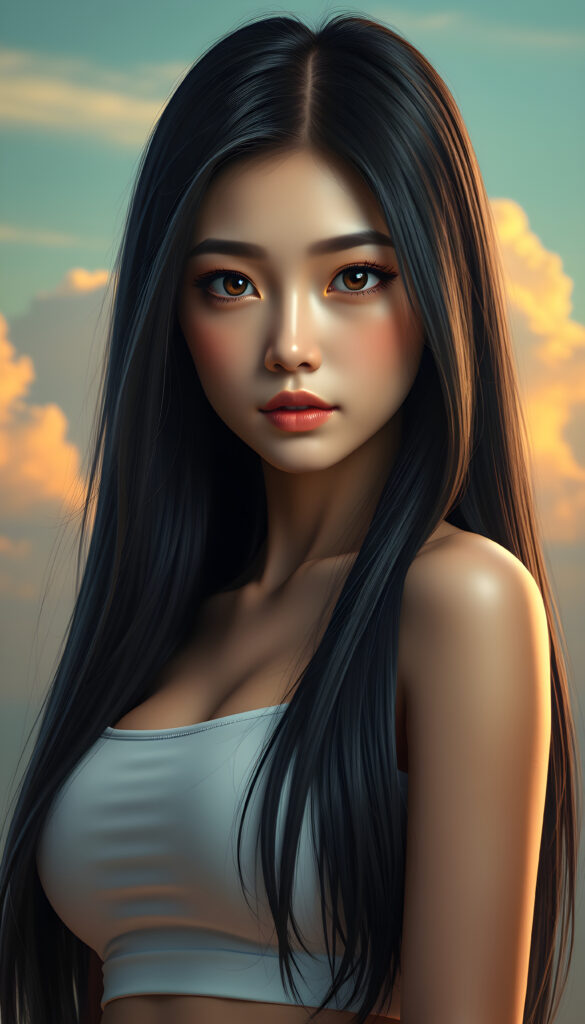 A super-realistic digital portrait of an adorable and stunning busty Asian girl with long, flowing, straight black hair cascading over her shoulders. Her eyes are wide and expressive, filled with a melancholic gaze that meets the camera. She is wearing a white short, tight tank top that accentuates her curves, highlighting her figure. The lighting is soft and warm, casting gentle shadows that add depth to her facial features and hair. The background is a dreamy, pastel-colored sky with soft clouds, creating a serene and introspective atmosphere. The overall style is hyper-detailed and vibrant, with a focus on capturing her emotional expression and the delicate play of light on her hair and clothing.
