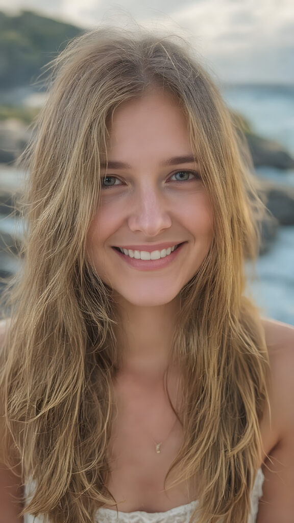 A (((very beautiful real person))), with incredibly long, wavy brown hair that flows gracefully around her face, reflecting the warm glow of the sun she shines from, set against a backdrop of a (beautiful new Zealand coastline) where she’s from. She’s dressed in a casual yet playful summer dress, with white sandals and a pastel color scheme, enhancing her youthful features. Her smile radiates warmth and vitality, completing the perfect summer scene