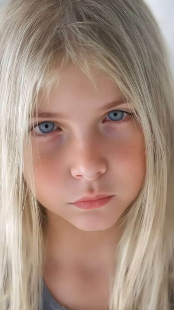 A (((very cute young girl), with (((extremely long, straight, thick, untucked natural white golden blonde hair))), which flows down to her hips, and (bright natural blue eyes), that reflect a soft glow, framing a (full, round face) with (full, defined lips) that are painted in (soft, natural tones) and (barely parted) to convey a sense of fatigue. Her expression is one of (extreme tiredness) and her hair is (pretty much untucked) with (pretty natural amber eyes) that convey a sense of (natural beauty). A ((perfectly detailed and evenly distributed 16K resolution, with intricate details and a warm, inviting tone, that gives off a (soft, natural glow))) completes this image, which exudes an (extreme feeling of tiredness) that is both inviting and (hyper realistic).