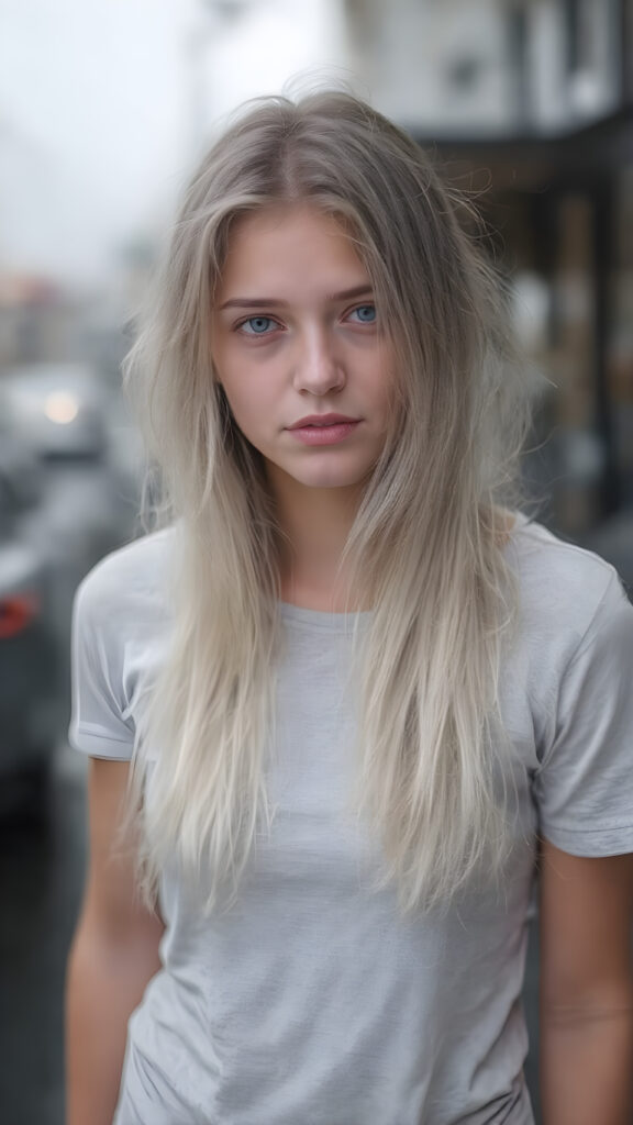 A (((very cute adult teen girl))), with pale skin and (((white wet hair, straight and long, with grey streaks))), that flows down her back in soft ((waves)), as she stands alone on a street in the (((rain))) with a grey t-shirt that clings to her body like a second skin. The t-shirt is (white with grey accents) and is fitted, emphasizing her (skinny, yet softly curved figure). Her skin is (wet and shining), as if caught mid-moment, reflecting a mix of realism and ethereal beauty. She is not wearing any additional (warm) clothing, and her hair is long, soft, and straight, with a few natural white streaks. Her face is (natural and detailed), with (bright, hyper-realistic eyes) that stand out. She has (beautiful lips) that are (full and defined) and (natural in color). The overall image is a (high-resolution, HD photograph) that captures her in a (natural and realistic pose), with her tresses flowing gently in the wind.