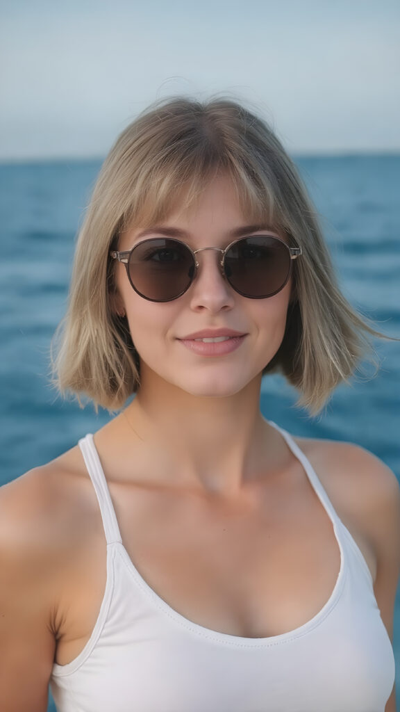 A very realistic (((full body shot))) of a (((young adult busty girl))), with a tanned and freckled complexion, around 18 years old, sporting white sport bra with a deep v-neck, and classic round sunglasses, straight bob haircut, posed confidently with a warm smile. The setting is the deep blue sea, showcasing ultra realistic details, high resolution, UHD, with a vibrant color palette that brings out the natural beauty of the ocean and the young girl looking straight into the camera.