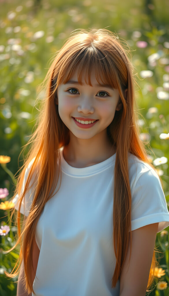 A vibrant and whimsical scene featuring a cheerful teenage girl with adorable Korean-style bangs and a perfectly curved silhouette. Her ultra-realistic face is adorned with sparkling amber eyes and a subtle smile, revealing her white teeth. Her long, straight orange hair cascades down in a soft, flowing manner. She wears a crisp white t-shirt, adding to her fresh and youthful appearance. The setting is a sunlit meadow with lush greenery and blooming flowers, creating a magical atmosphere. The image is richly saturated, with deep shadows and ultra-high resolution, making it a stunning masterpiece that captures the essence of innocence and beauty.