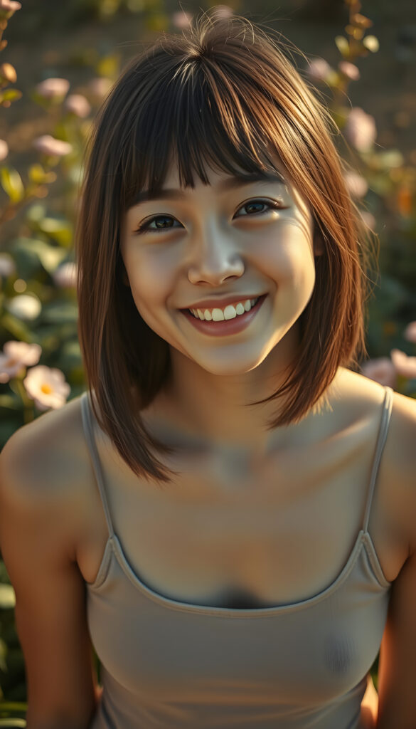 A vibrant, high-angle view of a cheerful young well busty sweetheart girl with soft brown shoulder-length straight hair and gentle bangs framing her face. Her round, expressive face is lit by a warm, golden light, casting a gentle glow. She wears a stylish, thin tank top made of fine wool, blending harmoniously with her natural beauty. The background is a dreamy, sunlit garden with blooming flowers and soft, fluffy clouds in the sky, adding a whimsical touch to the scene. The composition emphasizes her joyful expression and the serene, enchanting atmosphere.