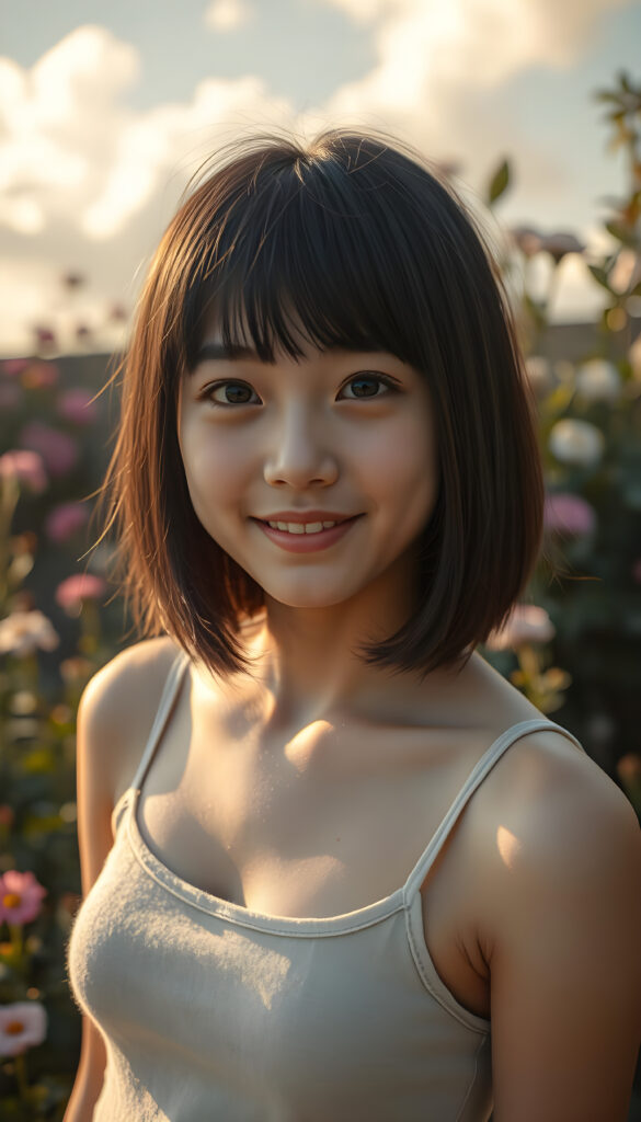 A vibrant, high-angle view of a cheerful young well busty sweetheart girl with soft brown shoulder-length straight hair and gentle bangs framing her face. Her round, expressive face is lit by a warm, golden light, casting a gentle glow. She wears a stylish, thin tank top made of fine wool, blending harmoniously with her natural beauty. The background is a dreamy, sunlit garden with blooming flowers and soft, fluffy clouds in the sky, adding a whimsical touch to the scene. The composition emphasizes her joyful expression and the serene, enchanting atmosphere.