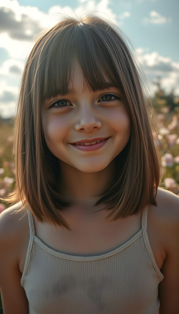 A vibrant, high-angle view of a cheerful young girl with soft brown shoulder-length straight hair and gentle bangs framing her face. Her round, expressive face is lit by a warm, golden light, casting a gentle glow. She wears a stylish, thin tank top made of fine wool, blending harmoniously with her natural beauty. The background is a dreamy, sunlit garden with blooming flowers and soft, fluffy clouds in the sky, adding a whimsical touch to the scene. The composition emphasizes her joyful expression and the serene, enchanting atmosphere.