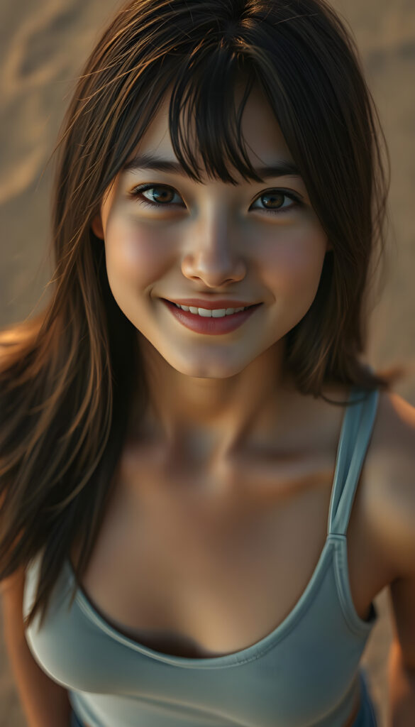 A vibrant, high-angle view of a young adult well busty girl with soft black shoulder-length straight hair and blond highlights and gentle bangs framing her face. Amber round eyes, full lips, her round, expressive face is lit by a warm, golden light, casting a gentle glow. She wears a stylish, thin light grey tank top deep v-neck, blending harmoniously with her natural beauty. The composition emphasizes her joyful expression and the serene, enchanting atmosphere, all against a backdrop in a sandy desert