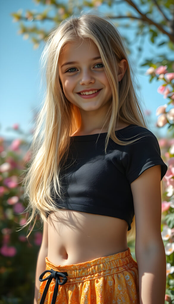 A vibrant, imaginative portrait of a young girl with flowing, straight blonde hair, styled in a soft, natural wave. She wears a stylish short black crop top that contrasts beautifully with her skirt, which is short, round, and a vivid, shimmering spring color, reflecting the joy of the season. The background is a lush, blooming garden with pastel-colored flowers and a clear blue sky, creating a harmonious blend of nature and fashion. The lighting is soft and warm, highlighting her radiant smile and the intricate details of her outfit, making the entire scene feel fresh and lively. Round belly button