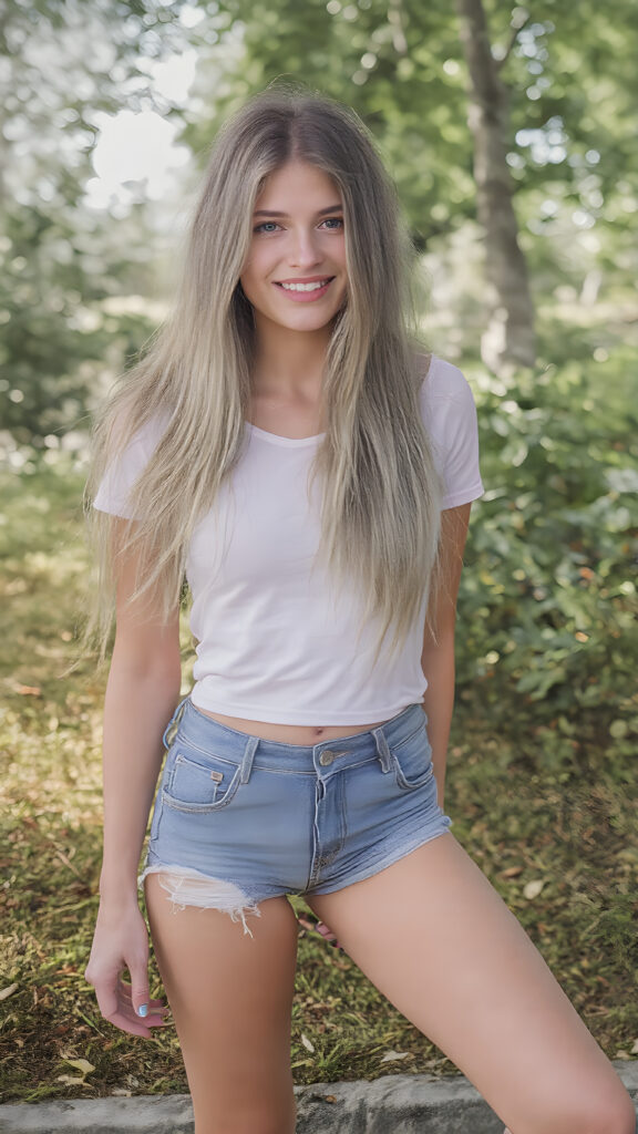 A (((vivid full body))) photo of an incredibly attractive, (((stunning cute girl))) with long, flowing silky blonde hair and (fit, toned legs), dressed in a very thin tight (white T-shirt) and (tattered denim shorts) that cling to her body in a playful yet sophisticated pose. Her smile is warm and inviting. She’s posed against a backdrop of a lush, vivid city park
