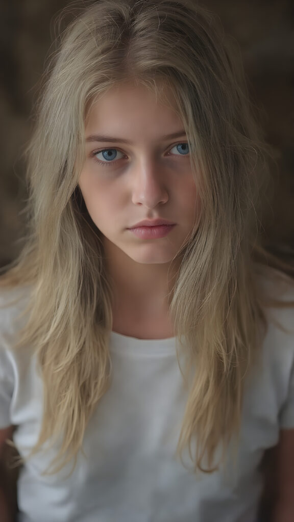 A (((vividly detailed full-body photo))), capturing a (((beautiful, sad and frightened adult girl))) with delicate, (((smooth and straight golden hair (((with a soft warm glow))) that flows elegantly down to her waist and creates a perfect symmetry across her back. Her (((softly curved face))) exudes an air of mystery and tranquility, adorned with (((black artfully drawn thin brows))), that frame her face beautifully. Her (((natural eye color))) adds a touch of realism to the overall image. (((Perfect hand and fingers))). Perfectly aligned lips create a harmonious smile. The (((natural texture of her skin))) adds a touch of realism to the overall image. She wears a (((super short tight (white) cotton shirt))) and (((cute (tiny denim shorts))) that enhance her perfect symmetry and convey a sense of warmth and comfort. The (((natural texture of her skin))) adds a touch of realism to the overall image, creating a perfect harmony between the subject's image and the surroundings.