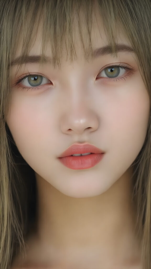 A (((vividly upper body shot))) of a (((beautiful young Japanese girl))), with (((radiant green emerald eyes))), ((perfectly straight long blond and black hair)) framing her face as she sends a playful (((kiss))) to a viewer, her (((full plump lips))), white teeth, (((black eyebrows that frame her face beautifully))). Her (((lips are full and painted in (red lipstick)), oozing elegance and allure, captivating every viewer with her gaze. The scene exudes a (soft, seductive aura) that complements her overall (angelic presence).