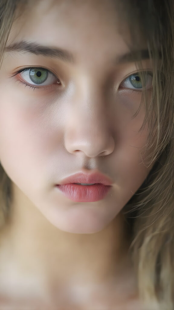 A (((vividly upper body shot))) of a (((beautiful young Japanese girl))), with (((radiant green emerald eyes))), ((perfectly straight long blond and black hair)) framing her face as she sends a playful (((kiss))) to a viewer, her (((full plump lips))), white teeth, (((black eyebrows that frame her face beautifully))). Her (((lips are full and painted in (red lipstick)), oozing elegance and allure, captivating every viewer with her gaze. The scene exudes a (soft, seductive aura) that complements her overall (angelic presence).