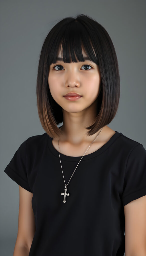 A young Asian teenage girl with straight, silky black hair and brown highlights same length right and left, bob cut, styled elegantly over her shoulders, is in a photo studio. She wears a black, t-shirt, emphasizing her feminine form. A silver necklace with a cross adorns her neck. The grey backdrop creates a minimalist setting, ensuring the focus remains on her. Soft, diffused lighting highlights her features, enhancing the serene and timeless atmosphere. Her gentle expression conveys innocence and tranquility.