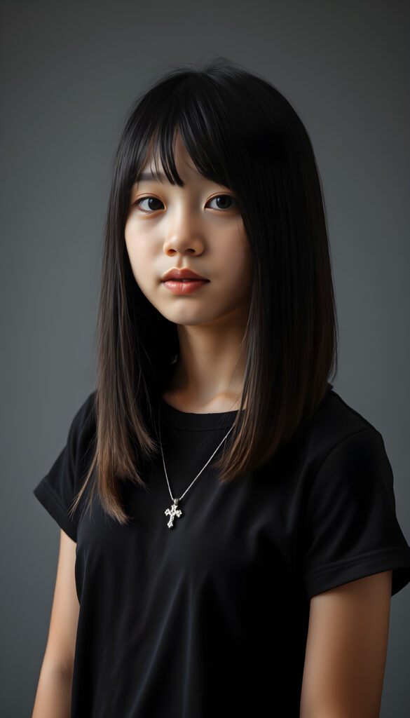 A young Asian teenage girl with straight, silky black hair and brown highlights same length right and left, bob cut, styled elegantly over her shoulders, is in a photo studio. She wears a black, t-shirt, emphasizing her feminine form. A silver necklace with a cross adorns her neck. The grey backdrop creates a minimalist setting, ensuring the focus remains on her. Soft, diffused lighting highlights her features, enhancing the serene and timeless atmosphere. Her gentle expression conveys innocence and tranquility.