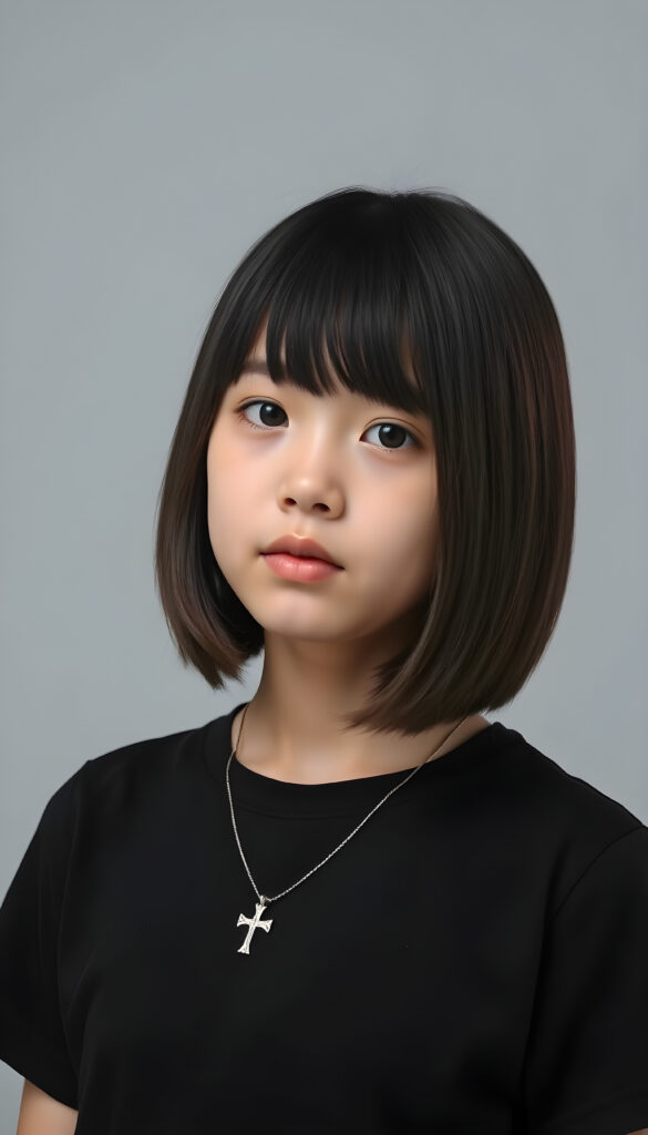 A young Asian teenage girl with straight, silky black hair and brown highlights same length right and left, bob cut, styled elegantly over her shoulders, is in a photo studio. She wears a black, t-shirt, emphasizing her feminine form. A silver necklace with a cross adorns her neck. The grey backdrop creates a minimalist setting, ensuring the focus remains on her. Soft, diffused lighting highlights her features, enhancing the serene and timeless atmosphere. Her gentle expression conveys innocence and tranquility.