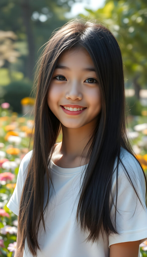 A young Japanese teenage girl with captivating black super straight silky hair same length right and left side, with light blond highlights, round, radiant face. Her eyes are a deep, enchanting black, brimming with warmth and joy. Her smile is radiant, revealing full, plump, and kissable lips that radiate happiness. She stands in a vibrant park, her thin and petite figure dressed in a stylish plain cropped t-shirt, blending seamlessly into the lush greenery and colorful flowers surrounding her. The scene is bathed in soft, golden sunlight, casting a warm glow that accentuates her features and the playful, whimsical atmosphere, front view