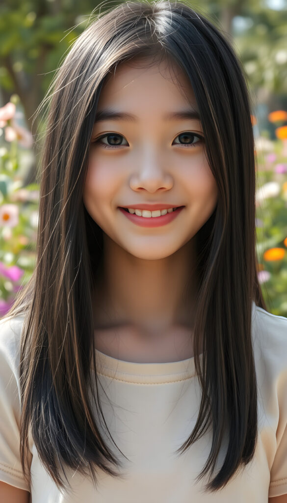 A young Japanese teenage girl with captivating black super straight silky hair same length right and left side, with light blond highlights, round, radiant face. Her eyes are a deep, enchanting black, brimming with warmth and joy. Her smile is radiant, revealing full, plump, and kissable lips that radiate happiness. She stands in a vibrant park, her thin and petite figure dressed in a stylish plain cropped t-shirt, blending seamlessly into the lush greenery and colorful flowers surrounding her. The scene is bathed in soft, golden sunlight, casting a warm glow that accentuates her features and the playful, whimsical atmosphere, front view