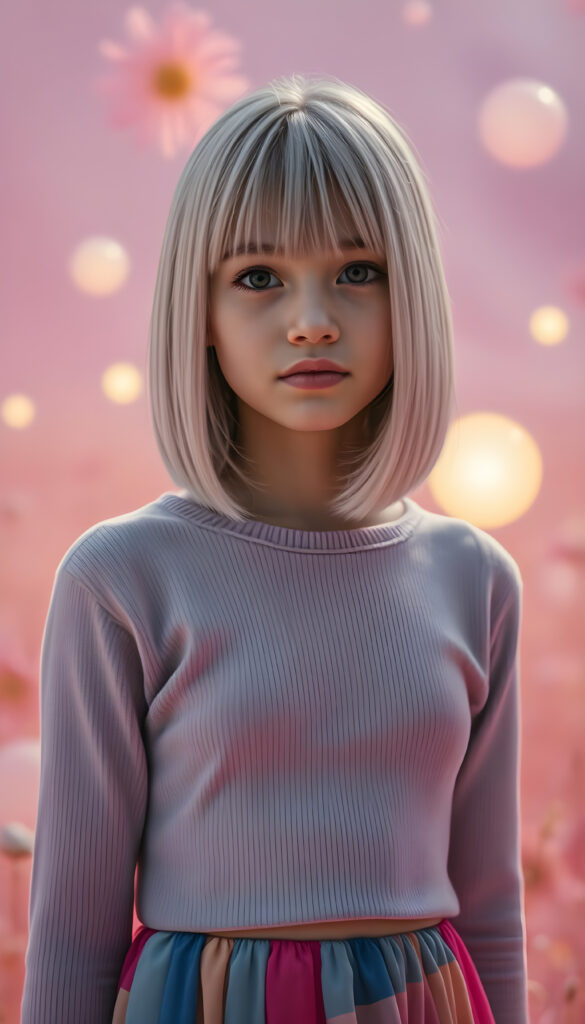 A young, confident girl with straight white hair and brown highlights, styled in a bob cut with a perfect side part, stands confidently in a dreamy, pastel pink landscape. She wears a cropped light grey sweater, and her body is accentuated by a flowing, colorful dress. The scene is bathed in soft, ethereal lighting, highlighting her features and creating a magical atmosphere. In the background, there are whimsical elements like floating flowers and soft, glowing orbs, adding to the enchanting vibe. The composition includes dynamic angles and vibrant colors, making the image visually striking and imaginative.