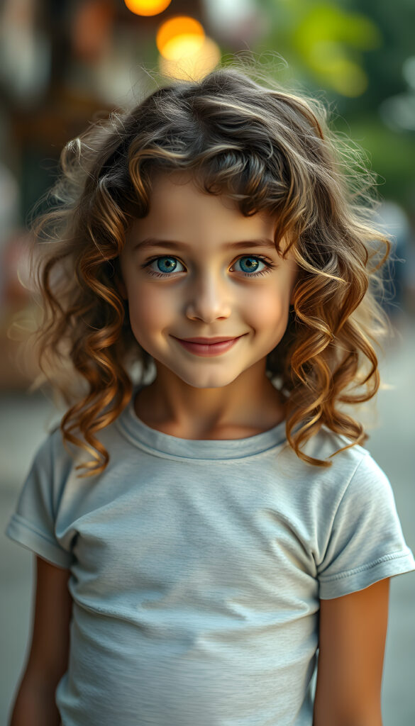 A young, cute curly girl with brown wavy hair and golden highlights smiles shyly at the camera. She has beautiful, shiny blue round eyes, a pouty mouth, and a small nose. Her skin is flawless and slightly tanned. She wears a short, tight T-shirt that perfectly accentuates her wonderful, feminine body and shows off her curves to perfection.