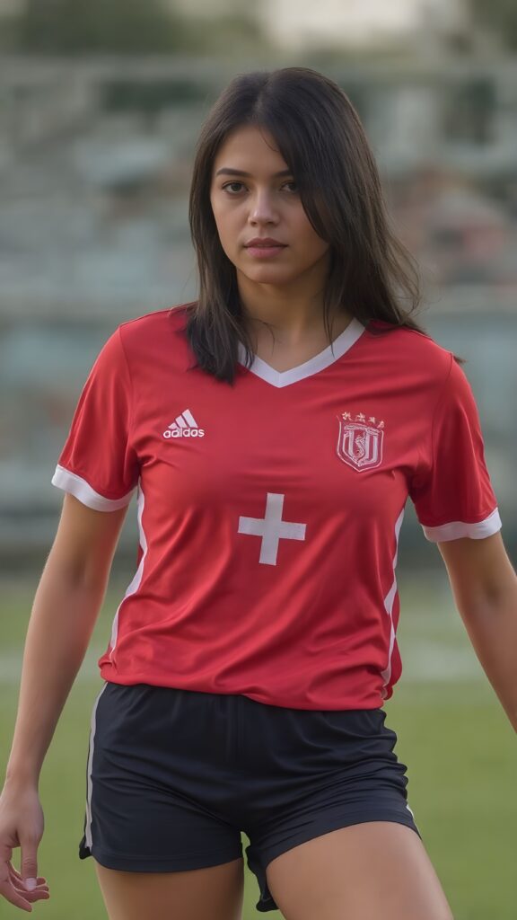 A young female soccer player in a red jersey with a white plus sign. Athletic body