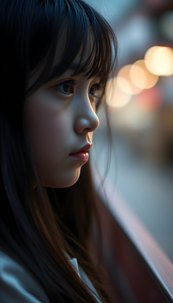an artistic image shows a young girl with long black hair looks at the viewer. She looks very sad, side view