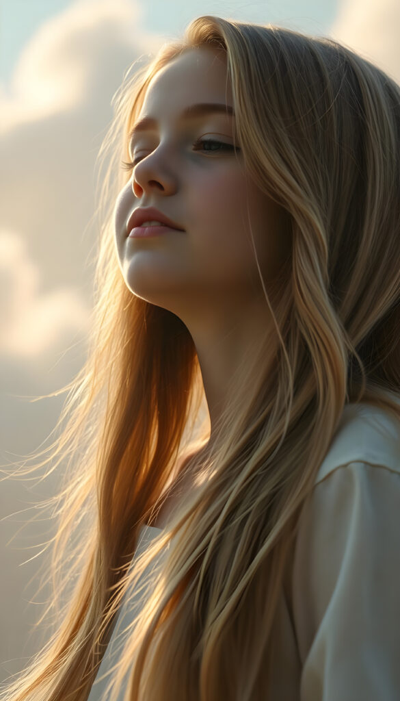 A young girl with long, flowing golden hair cascades over her shoulders, her eyes closed in anticipation, lips slightly parted in a soft pout. She stands against a backdrop of swirling pastel hues, with sunlight filtering through soft clouds, casting a dreamy, ethereal glow. Her face is round and delicate, with full lips and a hint of a smile, her white teeth gleaming in the light. She lifts her head slightly, her expression serene and hopeful, as if awaiting a gentle breeze or a tender embrace. The scene is bathed in a warm, golden light, with soft, fluffy clouds in the sky, creating a magical and enchanting atmosphere.