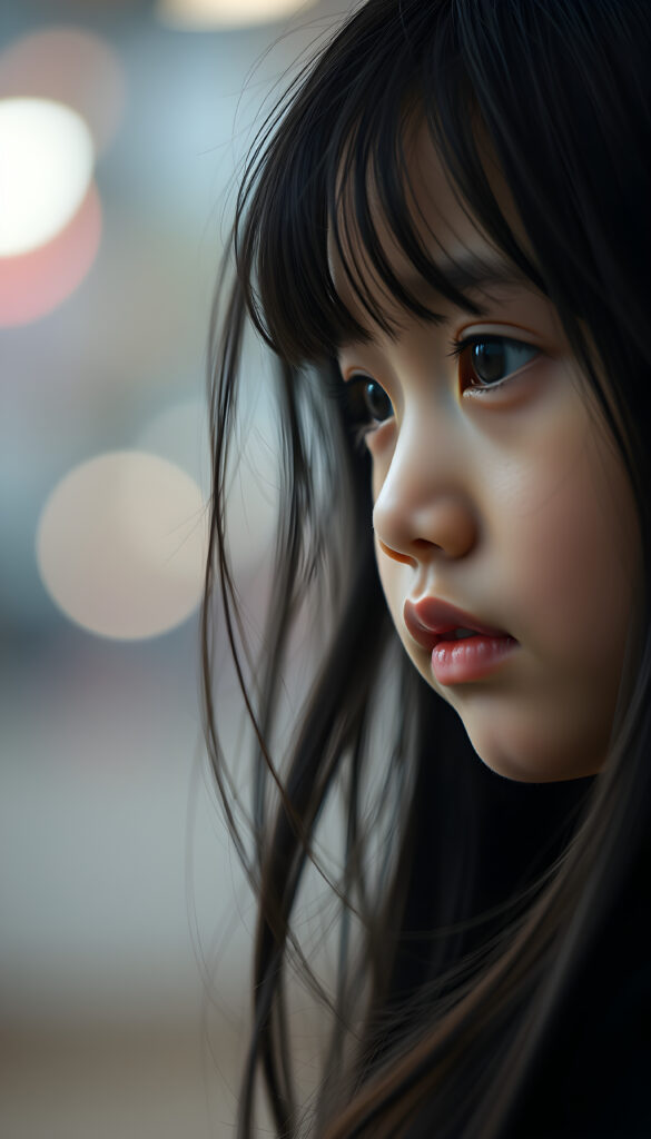 an artistic image shows a young girl with long black hair looks at the viewer. She looks very sad, side view