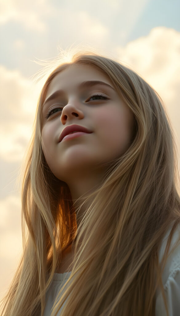 A young girl with long, flowing golden hair cascades over her shoulders, her eyes closed in anticipation, lips slightly parted in a soft pout. She stands against a backdrop of swirling pastel hues, with sunlight filtering through soft clouds, casting a dreamy, ethereal glow. Her face is round and delicate, with full lips and a hint of a smile, her white teeth gleaming in the light. She lifts her head slightly, her expression serene and hopeful, as if awaiting a gentle breeze or a tender embrace. The scene is bathed in a warm, golden light, with soft, fluffy clouds in the sky, creating a magical and enchanting atmosphere.