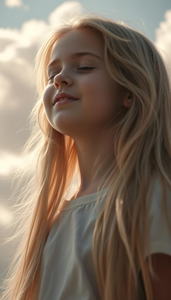 A young girl with long, flowing golden hair cascades over her shoulders, her eyes closed in anticipation, lips slightly parted in a soft pout. She stands against a backdrop of swirling pastel hues, with sunlight filtering through soft clouds, casting a dreamy, ethereal glow. Her face is round and delicate, with full lips and a hint of a smile, her white teeth gleaming in the light. She lifts her head slightly, her expression serene and hopeful, as if awaiting a gentle breeze or a tender embrace. The scene is bathed in a warm, golden light, with soft, fluffy clouds in the sky, creating a magical and enchanting atmosphere.