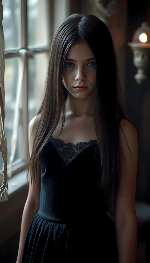 A young woman with long, straight black hair cascading down her shoulders, wearing a black velvet tank top adorned with intricate lace and long round skirt. Her eyes are a striking silver.