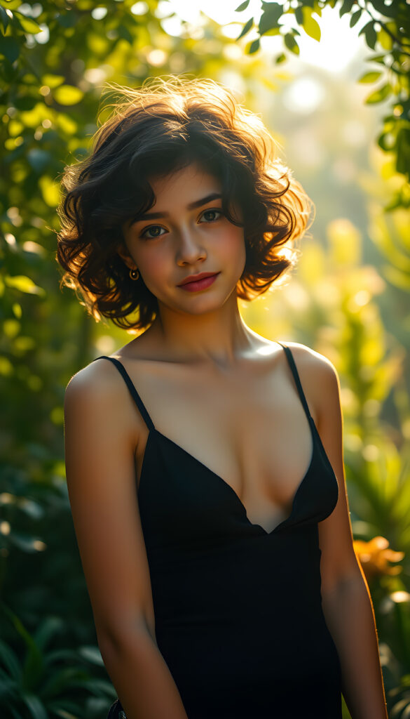 A young small busty girl with curly shoulder-length black hair and a few highlights, wearing a black camisole with a deep neckline, stands confidently in a whimsical garden. Her flawless skin and deep blue eyes sparkle under the soft, golden sunlight filtering through the lush greenery. The scene is captured from a slightly low angle, emphasizing her graceful posture and the serene beauty of the surroundings.