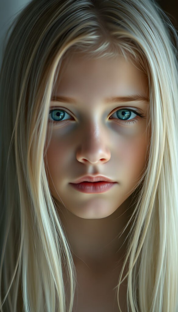 A young stunning girl. Peaceful face. Long, white hair falls over her upper body and is the same length on the right and left, full kissable lips, blue eyes, white teeth