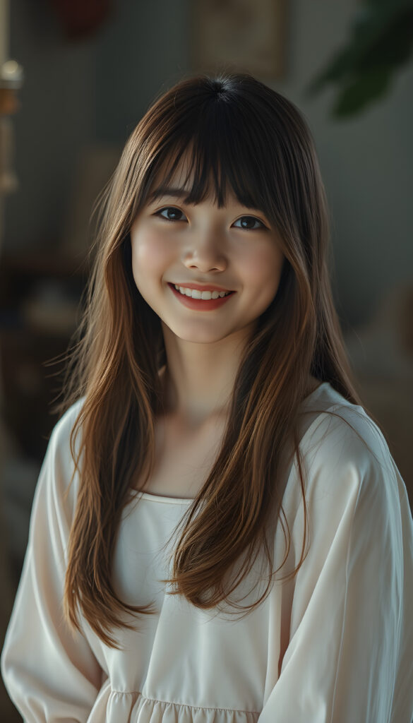 A young teen girl with auburn long hair styled in Korean bangs, her dark eyes sparkling with joy and a warm smile. Her hair cascades gracefully over her shoulders, and she wears a light, airy dress that flows gently around her. The lighting is soft and diffused, creating a serene and dreamy atmosphere. The overall composition is balanced, with the girl positioned slightly off-center, allowing for a glimpse of the room's enchanting decor.