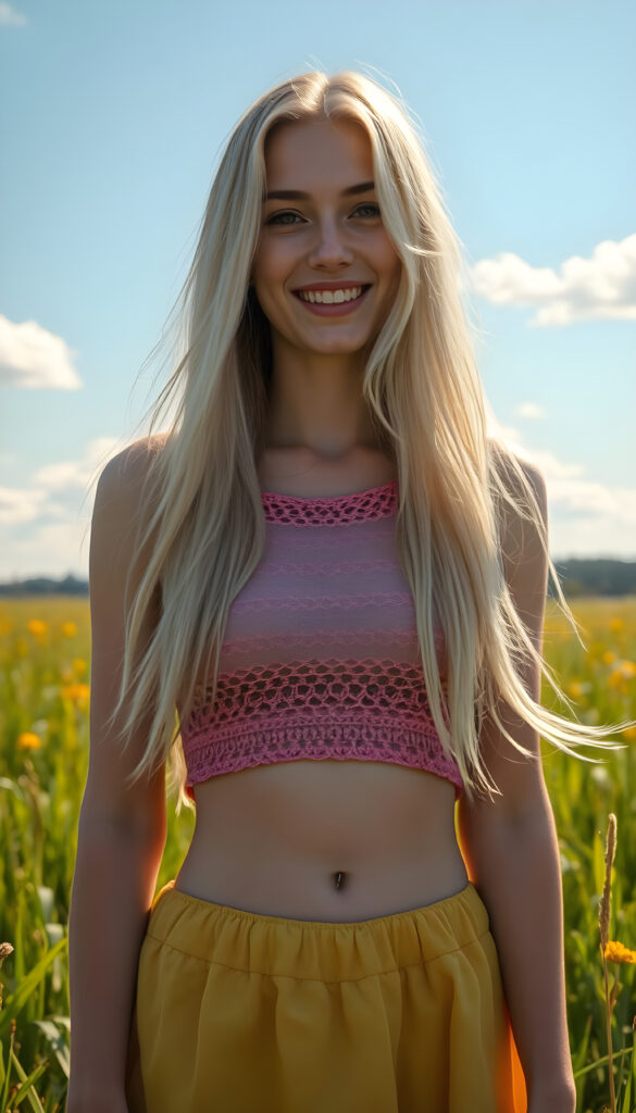 A young woman with pale skin and long, flowing white hair, wearing a pink crocheted top and a yellow mini skirt, you can see her belly button, stands in a sunny meadow with lush green grass. The scene is bathed in warm, golden sunlight, casting a soft, dreamy glow over everything. She smiles warmly. The background features a clear blue sky with fluffy white clouds and a distant forest, creating a serene and enchanting atmosphere.