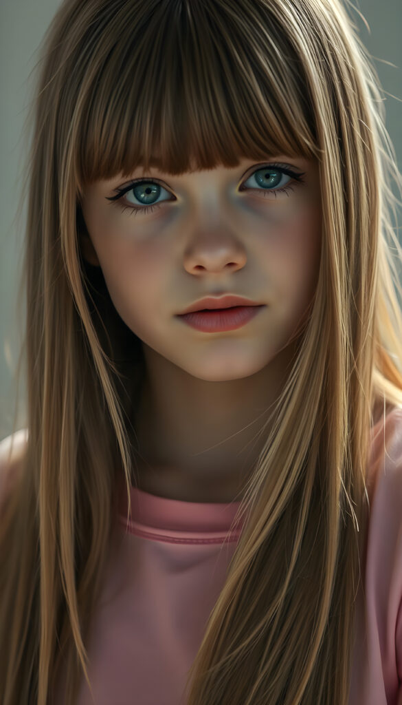 An upper body photo from a young girl, her fine, shiny very long amber straight hair with blonde highlights falls like a waterfall over her body. Bangs frame her face. She has a soft, round face, deep blue round eyes, and full, plump lips, white teeth, flawless skin. Soft light falls on her face. Her eyes reflect the light. Romantic touch. She appears very peaceful and calming. Blurred background in soft pastel colors. She wears a pink T-shirt that shows off her perfectly shaped body.