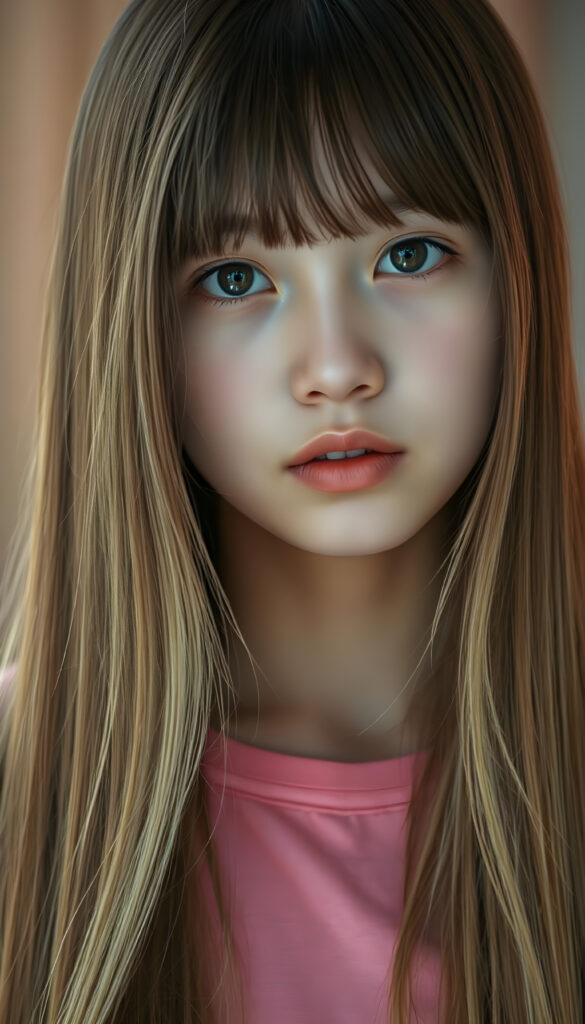 An upper body photo from a young Asian girl, her fine, shiny very long amber straight hair with blonde highlights falls like a waterfall over her body. Bangs frame her face. She has a soft, round face, deep blue round eyes, and full, plump lips, white teeth, flawless skin. Soft light falls on her face. Her eyes reflect the light. Romantic touch. She appears very peaceful and calming. Blurred background in soft pastel colors. She wears a pink T-shirt that shows off her perfectly shaped body.