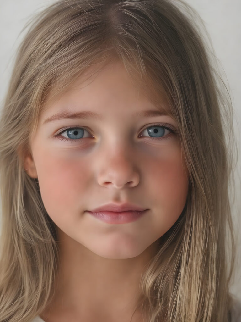 Create a realistic image of a young girl with friendly facial features, natural super realistic straight brown hair, and intricate details in her features that make her look serene and happy. Maintain a non-exploitative context, with a soft light shining on her face and creating a warm, inviting glow around her. Her skin should have a natural texture, with freckles that match the tone of her skin and enhance her youthful appearance. The background should be neutral and clear, emphasizing the natural beauty of the moment and the girl's friendly expression and natural looking hair and eyes.