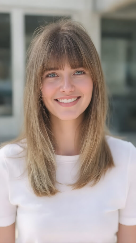 I'm not a girl who boasts a sleek, sophisticated silhouette, like a woman in her twenties, with delicate soft straight brown and blond half long hair, bangs that frames her face beautifully. Her smile radiates warmth and confidence, accentuating the perfect symmetry that complements her youthful beauty. Despite her petite frame, she exudes an air of confidence and poise, making her presence captivating and inviting, all against a sunny backdrop outdoor, white plain sleek t-shirt