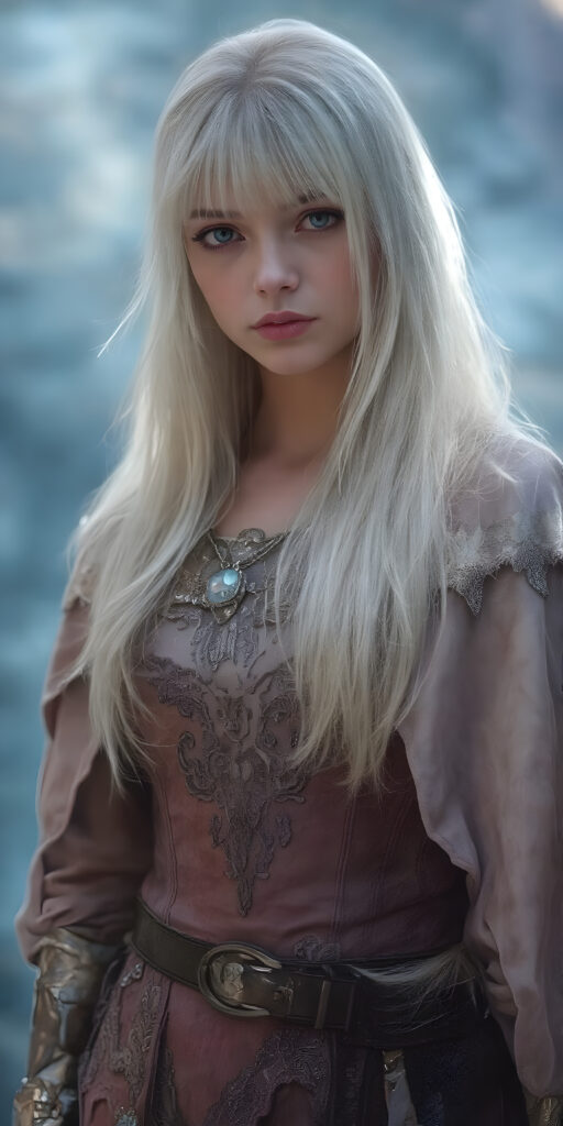 In a fantastical realm, a (((fantasy girl with an unmistakable face her features delicate yet alluring))), long straight white hair, bangs, stands clad in armor that blends light and fantasy. Crafted from intricate thin silver and gold threads, the armor shines with a soft, iridescent glow. A flowing cloak, woven from shimmering silk and velvet, drapes over her shoulders and billows softly in the breeze. Adorned with embroidered stars and constellations, the cloak is adorned with delicate lace details and velvet pockets that sparkle like diamonds in the moonlight. A leather belt sits comfortably on her waist, adorned with polished leather details that match the armor's sleek contours. A pair of polished silver gloves adds to the elegance of her ensemble, accentuating the delicate threads of her cloak and highlighting the alluring nature of her attire. Her hair, a cascade of midnight black and indigo, wears a small moonstone pendant that dangles softly off her neck until the next night.