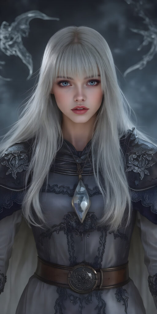 In a fantastical realm, a (((fantasy girl with an unmistakable face her features delicate yet alluring))), long straight white hair, bangs, stands clad in armor that blends light and fantasy. Crafted from intricate thin silver and gold threads, the armor shines with a soft, iridescent glow. A flowing cloak, woven from shimmering silk and velvet, drapes over her shoulders and billows softly in the breeze. Adorned with embroidered stars and constellations, the cloak is adorned with delicate lace details and velvet pockets that sparkle like diamonds in the moonlight. A leather belt sits comfortably on her waist, adorned with polished leather details that match the armor's sleek contours. A pair of polished silver gloves adds to the elegance of her ensemble, accentuating the delicate threads of her cloak and highlighting the alluring nature of her attire. Her hair, a cascade of midnight black and indigo, wears a small moonstone pendant that dangles softly off her neck until the next night.