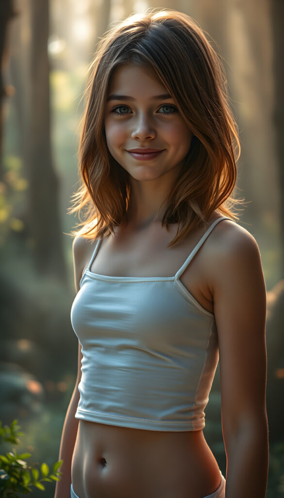 In a fantastical, dreamlike setting, an adult girl with shoulder-length copper hair accented with warm brown highlights stands confidently against a softly glowing, ethereal backdrop. Her hair cascades in smooth waves, framing her face beautifully. She wears a white, cropped spaghetti tank top that clings gently to her form, accentuating her cute round belly button. Her gaze is captivating, meeting the viewer with a warm, inviting smile. The lighting is soft and golden, casting a magical glow that enhances her delicate features and the subtle sheen of her skin. Around her, the environment transitions from a misty forest to a vibrant, abstract landscape, blending natural and surreal elements, creating a sense of wonder and enchantment.