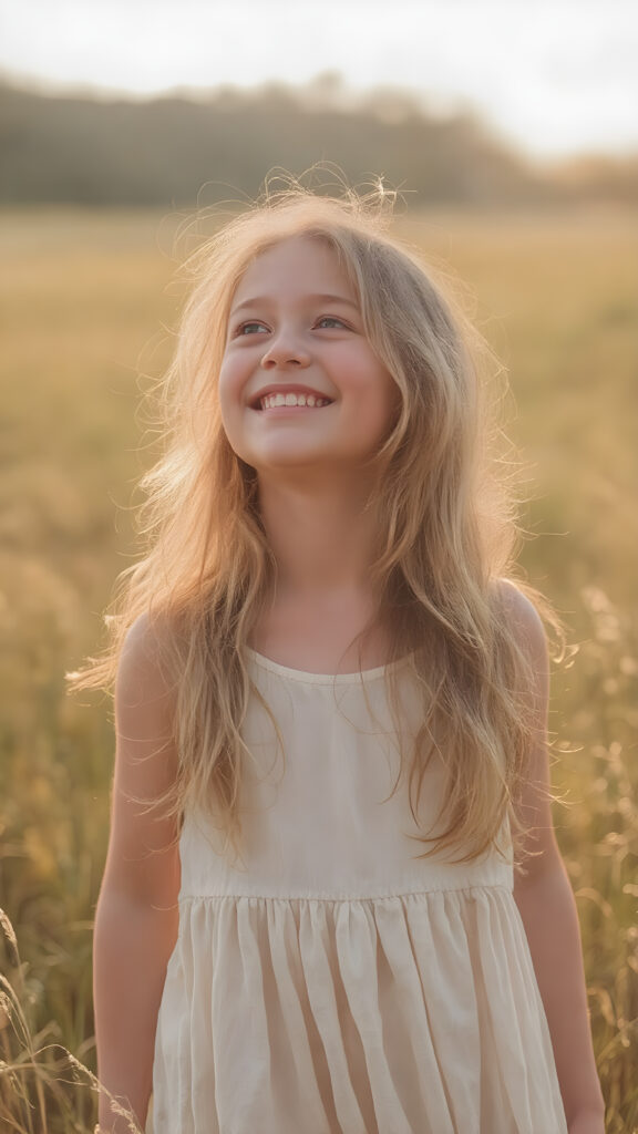 In a sun-kissed field, she stands, her golden hair shimmering in the warm breeze. The teen girl, eyes full of innocence and wonder, gazes into the sky with a love and reverence that transcends the mundane. Her laughter, bright and infectious. The sun paints her skin, leaving a glow that accents her natural beauty. She wears a light, flowing dress that catches the light of the sun, enhancing her youthful figure. Her hair, a shimmering cascade, captures the light with each movement, framing her radiant face. Around her, the landscape is bathed in the gentle hues of dawn, creating a magical backdrop for this moment.