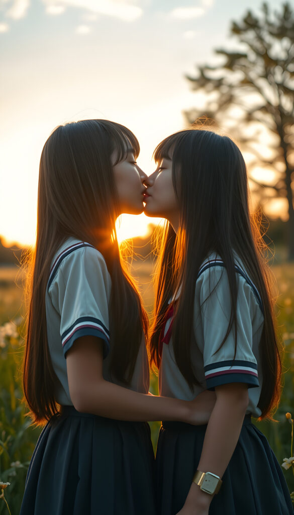 In a sunlit meadow and a dreamy sunset, two cute young Japanese school teen girls about a passionate kiss, long brown straight hair, traditional school uniform